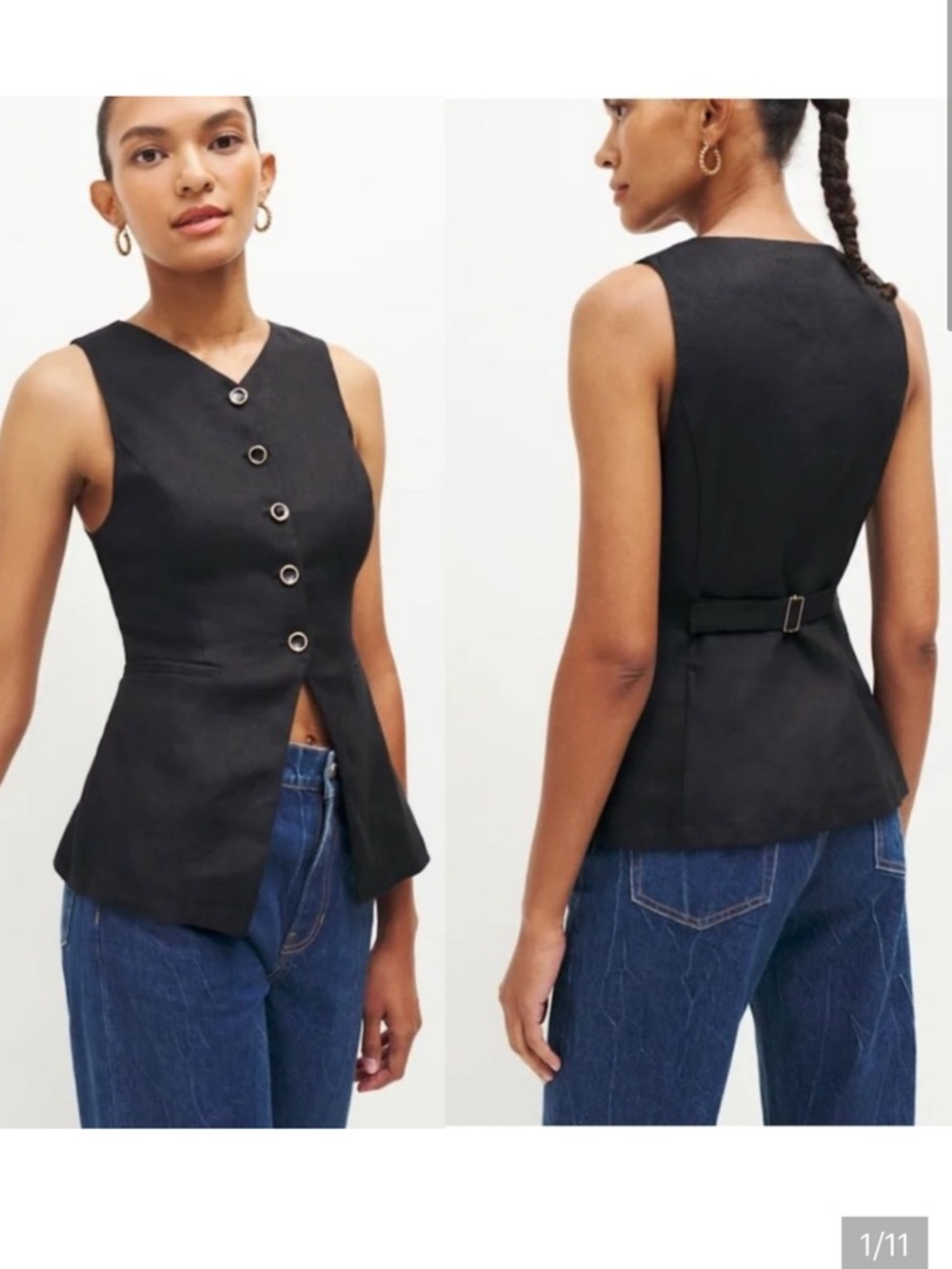 Reformation Aspen Linen Top Black Sleeveless Buttoned Peplum Vest